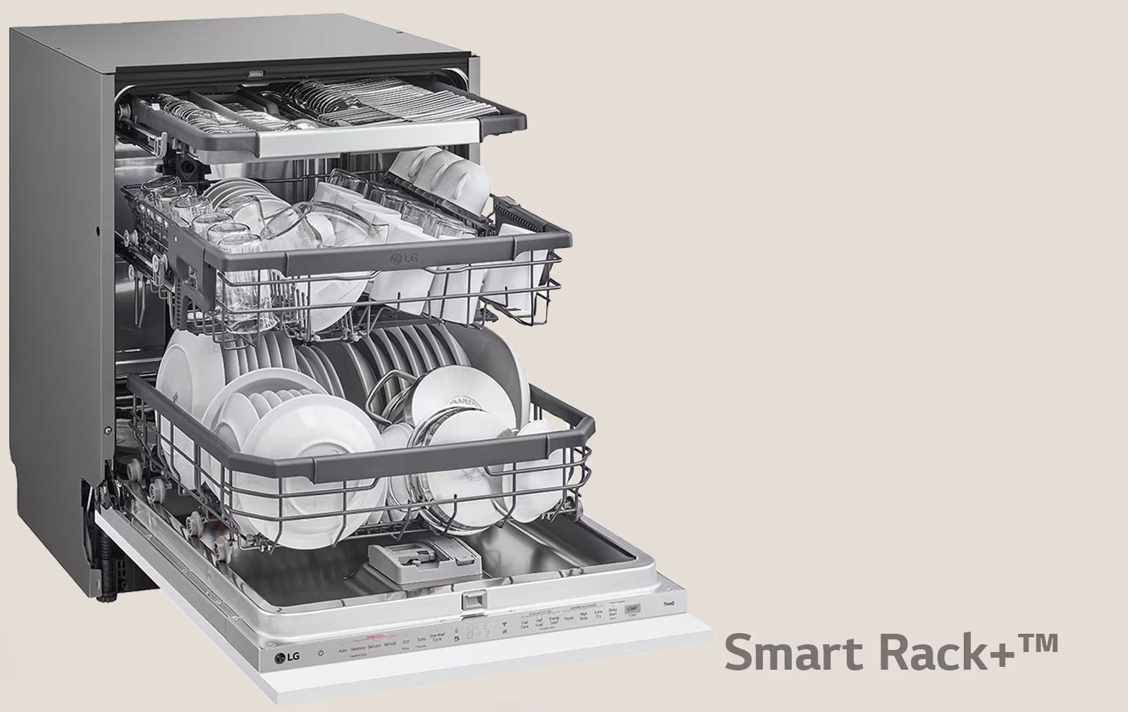 Показва заредена съдомиялна с отворена врата.