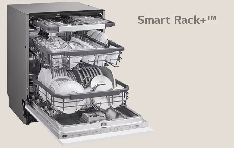 Показва заредена съдомиялна с отворена врата.