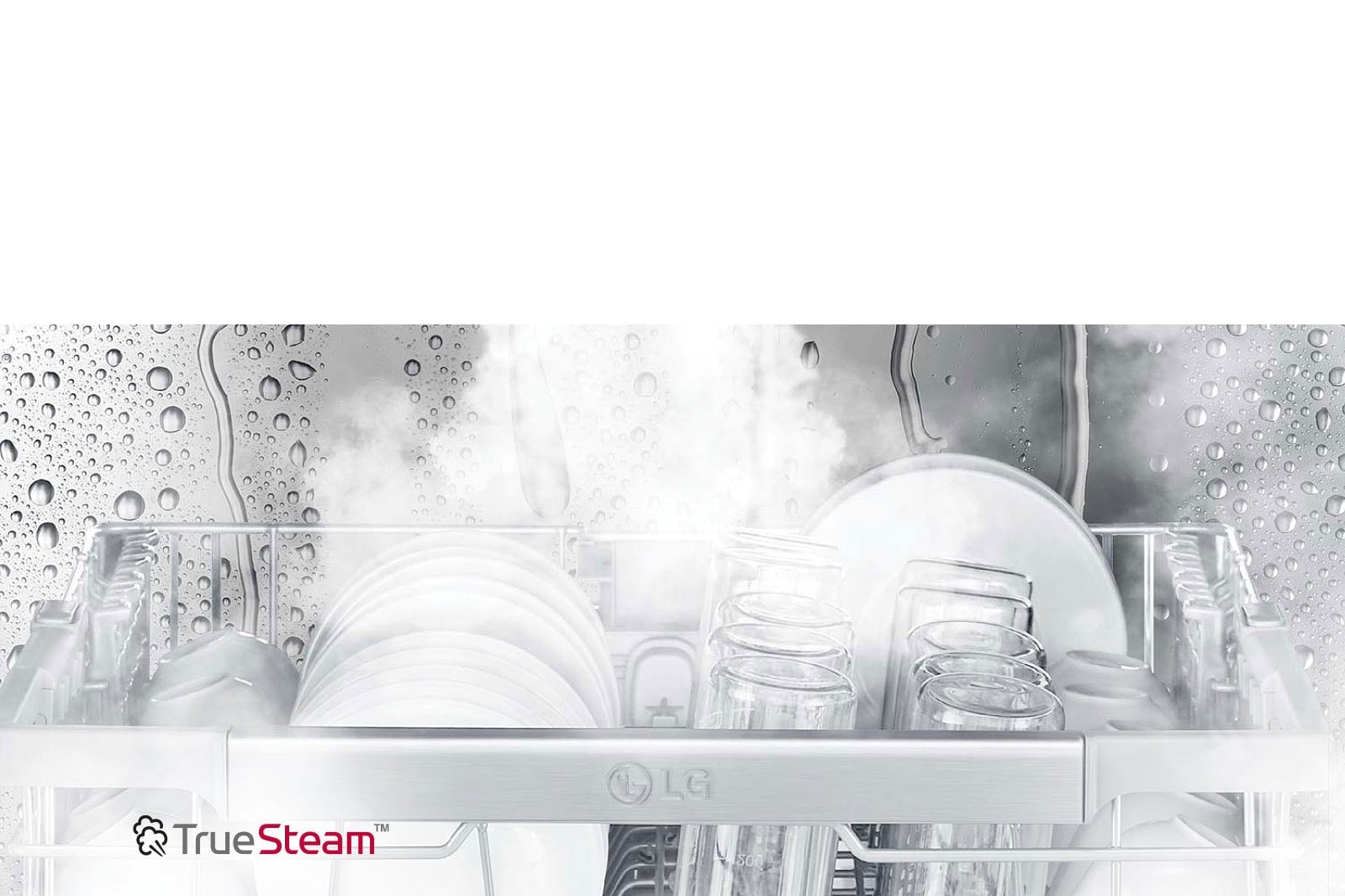 Prikazuje paru koja izlazi iz mašine za pranje sudova.