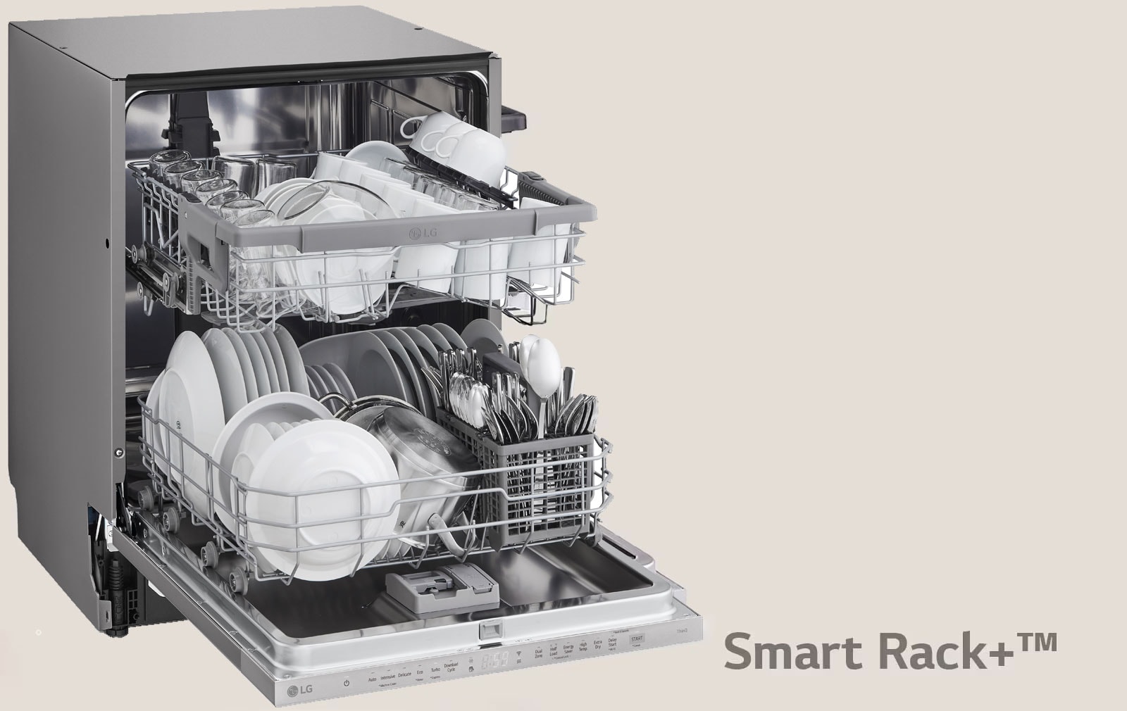 Показва заредена съдомиялна с отворена врата.