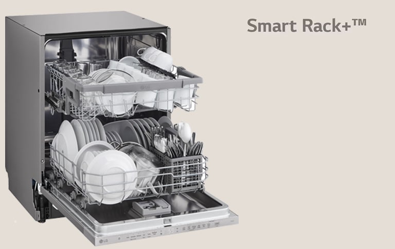 Показва заредена съдомиялна с отворена врата.
