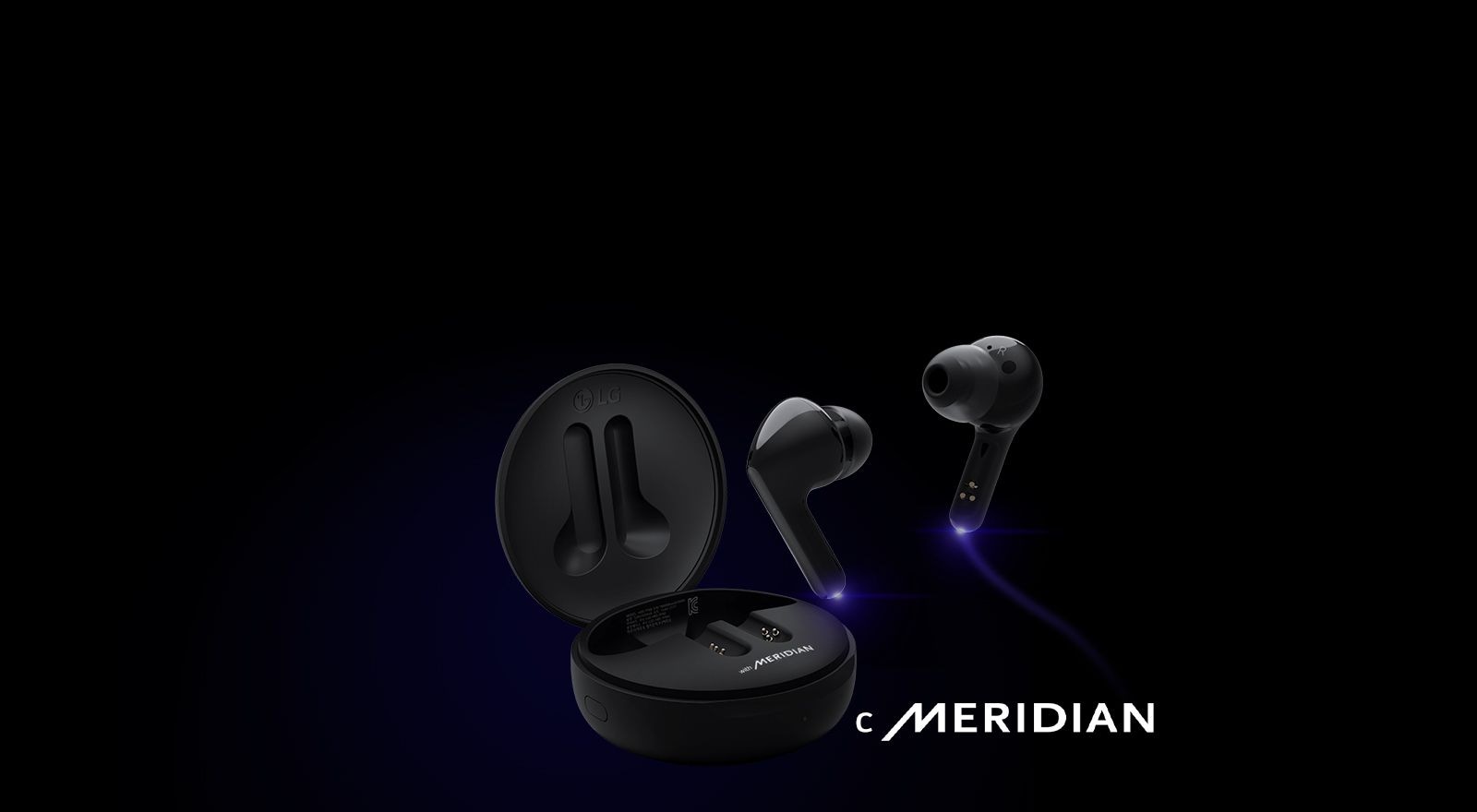 Изображение на слушалки, които „плуват“ над отворена кутийка, долните краища на стъблата им са подчертани със синя светлина