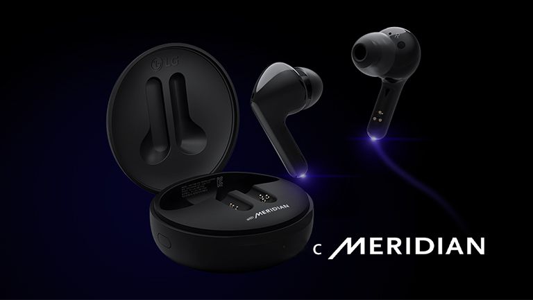 Изображение на слушалки, които „плуват“ над отворена кутийка, долните краища на стъблата им са подчертани със синя светлина