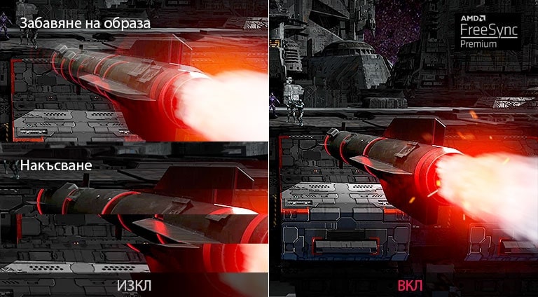 Движение по време на играта с включена и изключена AMD FreeSync™ Premium