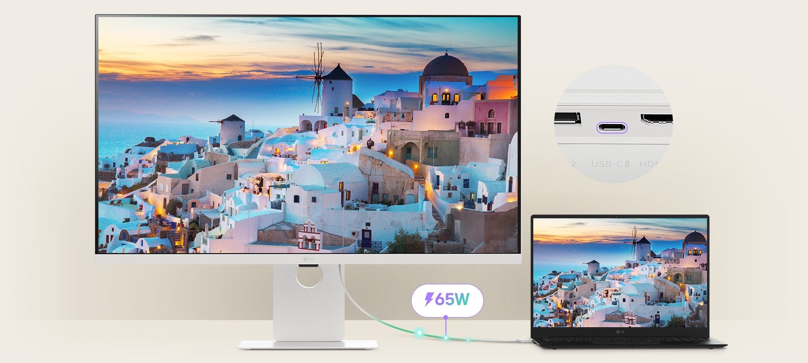 Лаптоп е свързан към LG Smart Monitor чрез USB-C. Той се зарежда чрез USB-C, като същевременно показва същия екран.