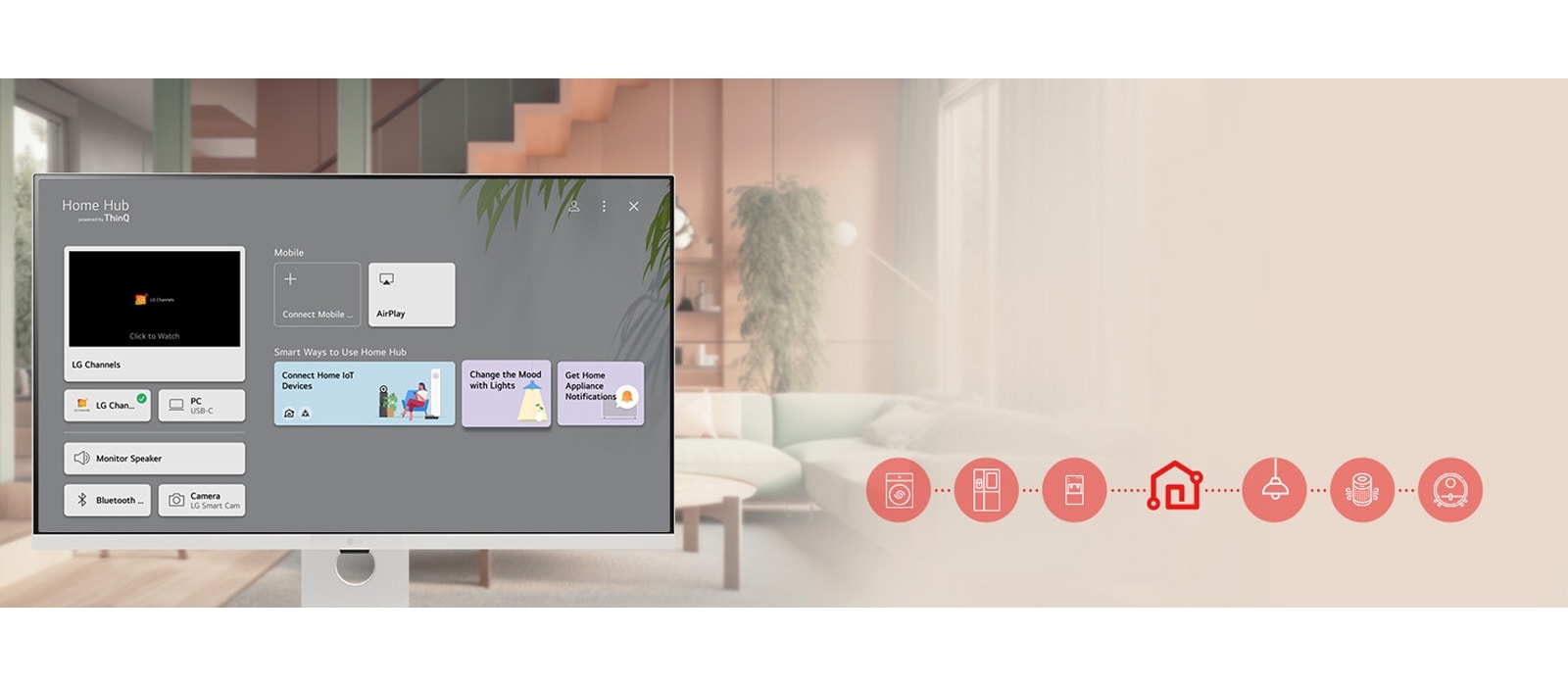 Екранът на LG Smart Monitor показва интерфейса на ThinQ Home Dashboard.