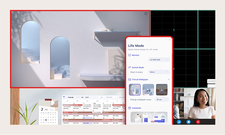 Приложението LG Switch помага за оптимизиране на монитора за ефективна работна среда, като например разделяне на дисплея на шест области, управление на календара или лесно стартиране на платформата за видеоразговори с помощта на набелязани бързи клавиши.