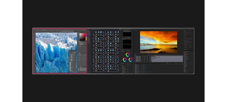 Анимацията интуитивно показва 49" 32:9 Dual QHD (5 120 x 1 440) монитор в сравнение с 29", 34", 38" и 39,7" монитори.