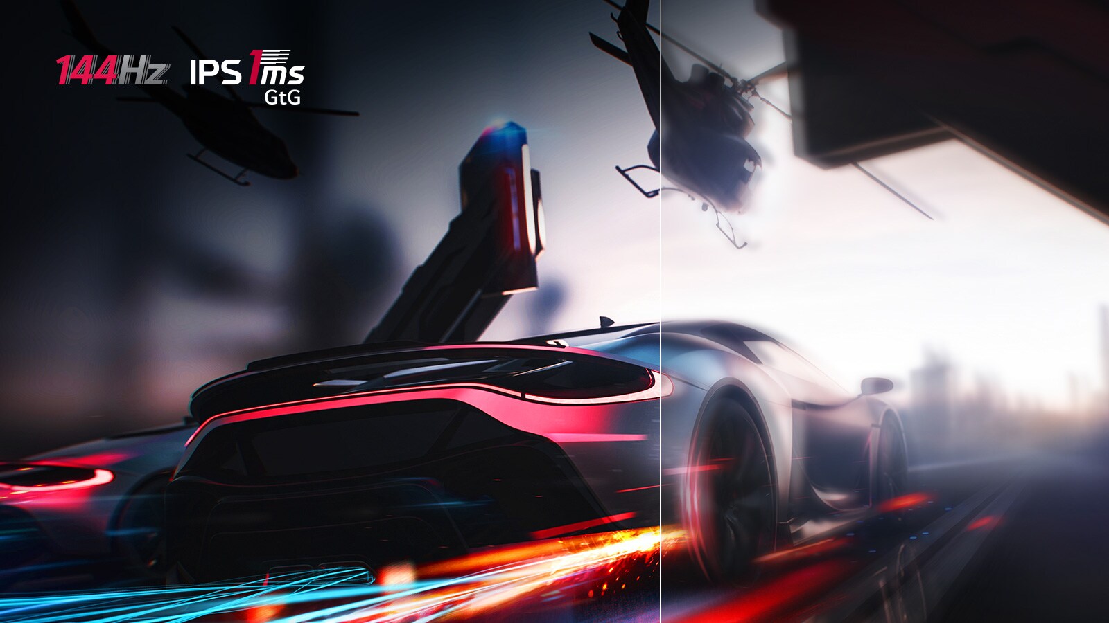 Сравнена анимация на движеща се кола в играта, когато са приложени 144HZ и 1ms(GtG) и, когато не са.