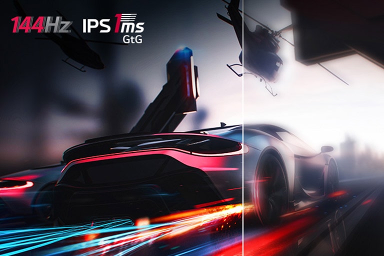 Сравнена анимация на движеща се кола в играта, когато са приложени 144HZ и 1ms(GtG) и, когато не са.