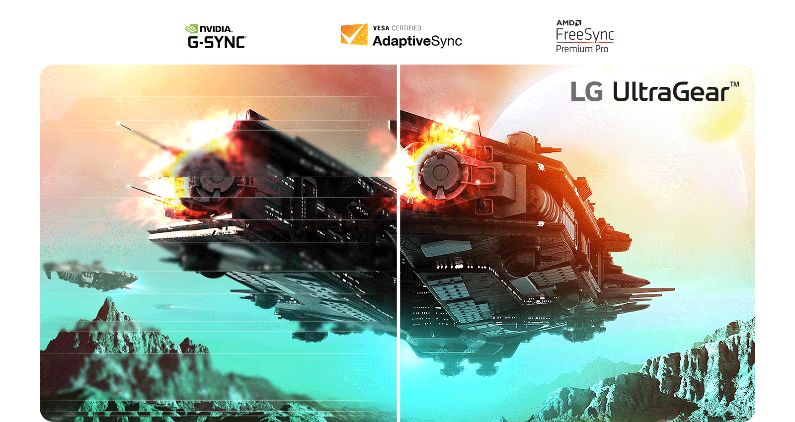 Това е изображение на космически кораб. Половината изображение е разпокъсано и прекъсва в сравнение с другата част.