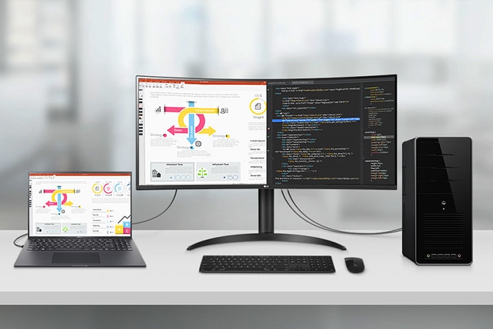 Този монитор ви позволява да виждате множество съдържание от два компютъра с функцията „Картина до картина“ (PBP) за ефективна работа.