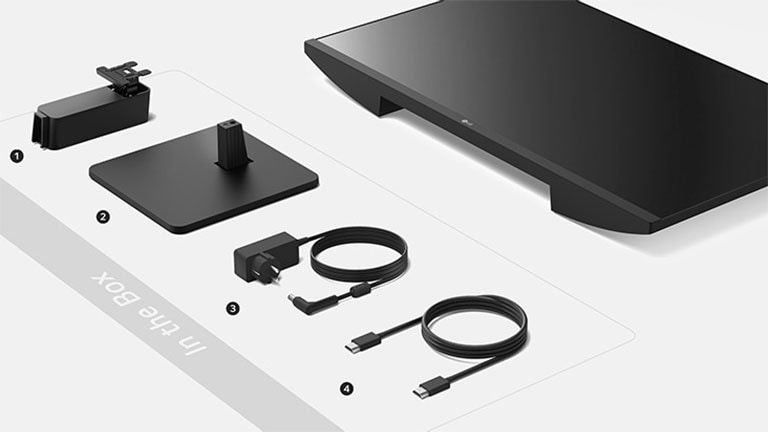 Корпус на стойката, основа на стойката, адаптер + захранващ кабел и HDMI кабел в кутията.