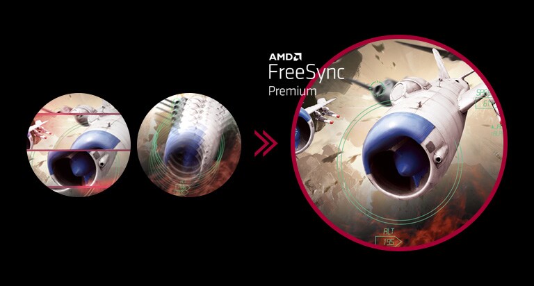 Ясни изображения при игрите с безпроблемно плавно движение при включена AMD FreeSync™, и съответно забавяне и накъсване на образа на екрана при изключена AMD FreeSync™.