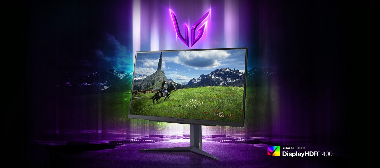 Монитор за игри UltraGear™ покзващ изображение на човек, яздещ кон.