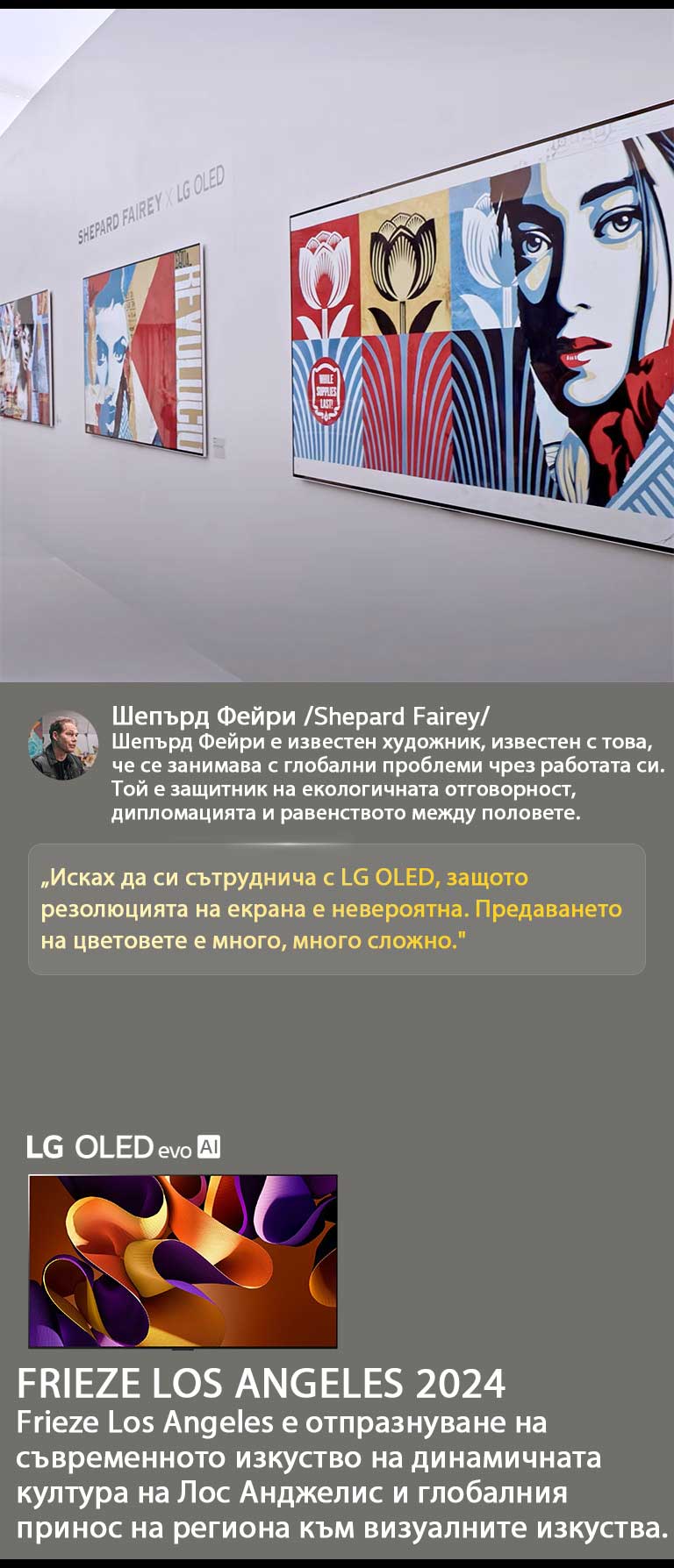 Представена е изложбата Shepard Fairey x LG OLED. Могат да се видят описанията на Frieze Los Angeles 2024 и на художника. Също така се вижда и LG OLED evo AI. Цитатът на Шепърд Фейри е подчертан, „Исках да си сътруднича с LG OLED, защото резолюцията на екрана е невероятна. Предаването на цветовете е много, много сложно. 