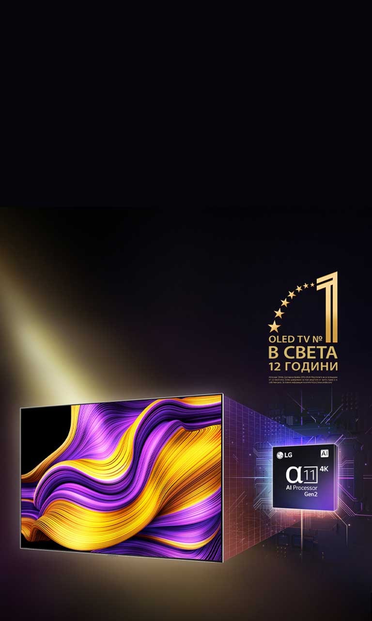 LG OLED TV с цветно абстрактно изображение на екрана и alpha11 AI процесор Gen2, подчертан зад него. Ярки светлини изригват от процесора и телевизора, демонстрирайки неговата напреднала технология. Също така се вижда и емблемата „World's number 1 OLED TV for 12 Years“.