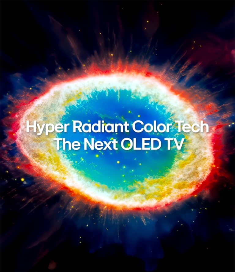 Телевизорът LG OLED evo с технологията Hyper Radiant Color Tech показва ярък кръгов блясък от синя, червена и жълта светлина.