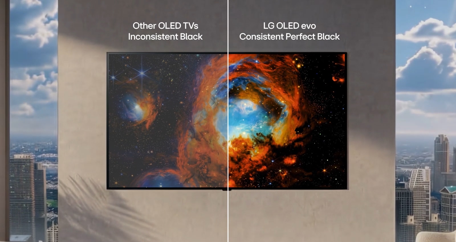 Телевизорът LG OLED evo сравнява неравномерното черно на други OLED телевизори с равномерното „Perfect Black“ на LG OLED evo.