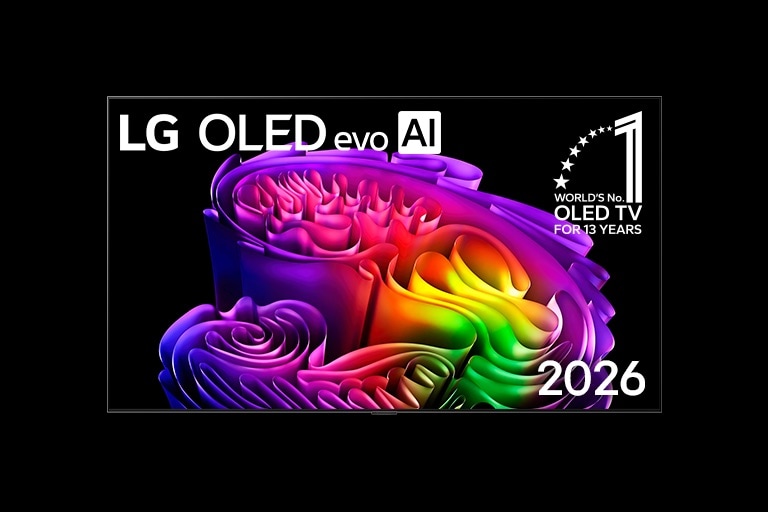 LG OLED evo AI C6, показващ ярък, скулптурен вихър от насложени дъгови нюанси по целия екран.