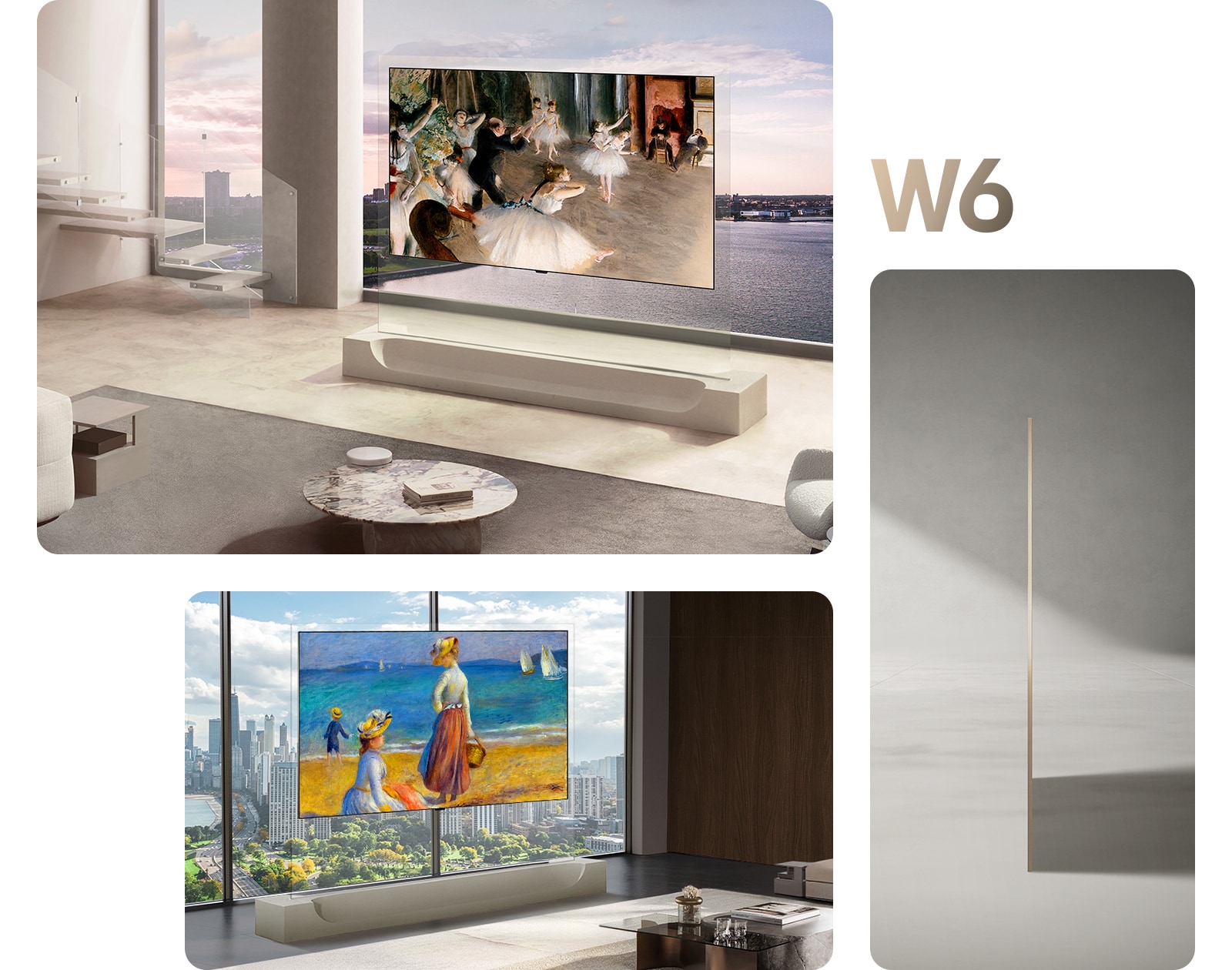 Телевизор LG OLED evo AI W6 с тапет и профил с дебелина от 9 мм се вписва безпроблемно в интериора на модерна висока сграда.