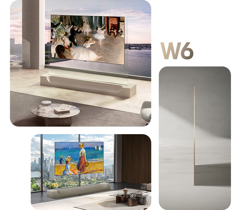 Телевизор LG OLED evo AI W6 с тапет и профил с дебелина от 9 мм се вписва безпроблемно в интериора на модерна висока сграда.