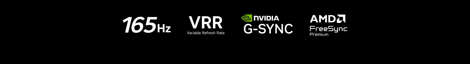 Логотата на 165 Hz, VRR (променлива честота на опресняване), NVIDIA G-SYNC и AMD FreeSync Premium се появяват на тъмен фон.