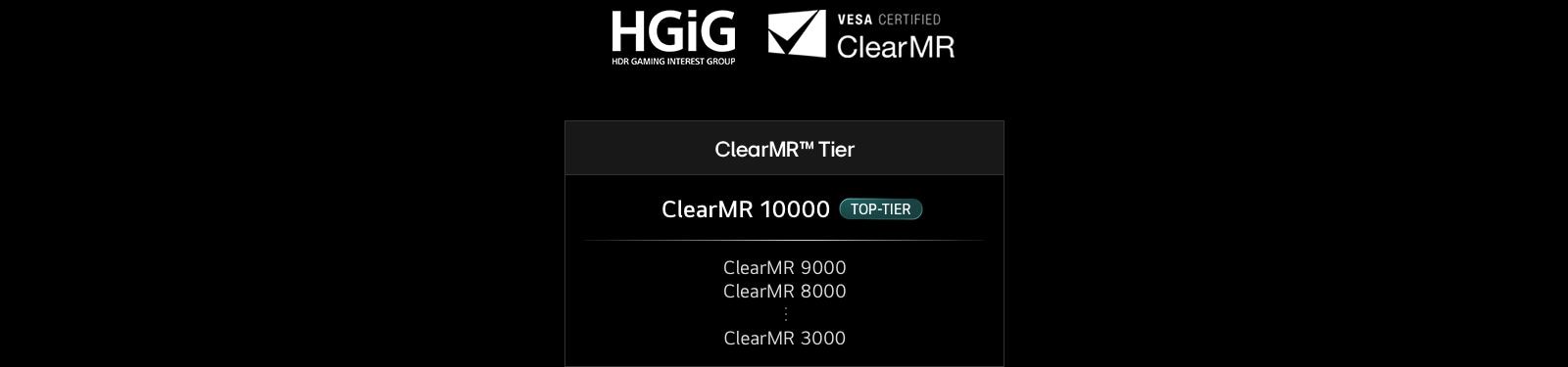 Логотипите на HGiG и VESA за сертификацията ClearMR са разположени над диаграмата с нивата на ClearMR.