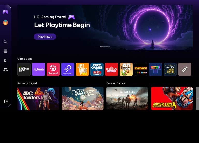 Телевизорът LG OLED evo разполага с LG Gaming Portal, организиран като гейминг център, който съчетава препоръчано съдържание.