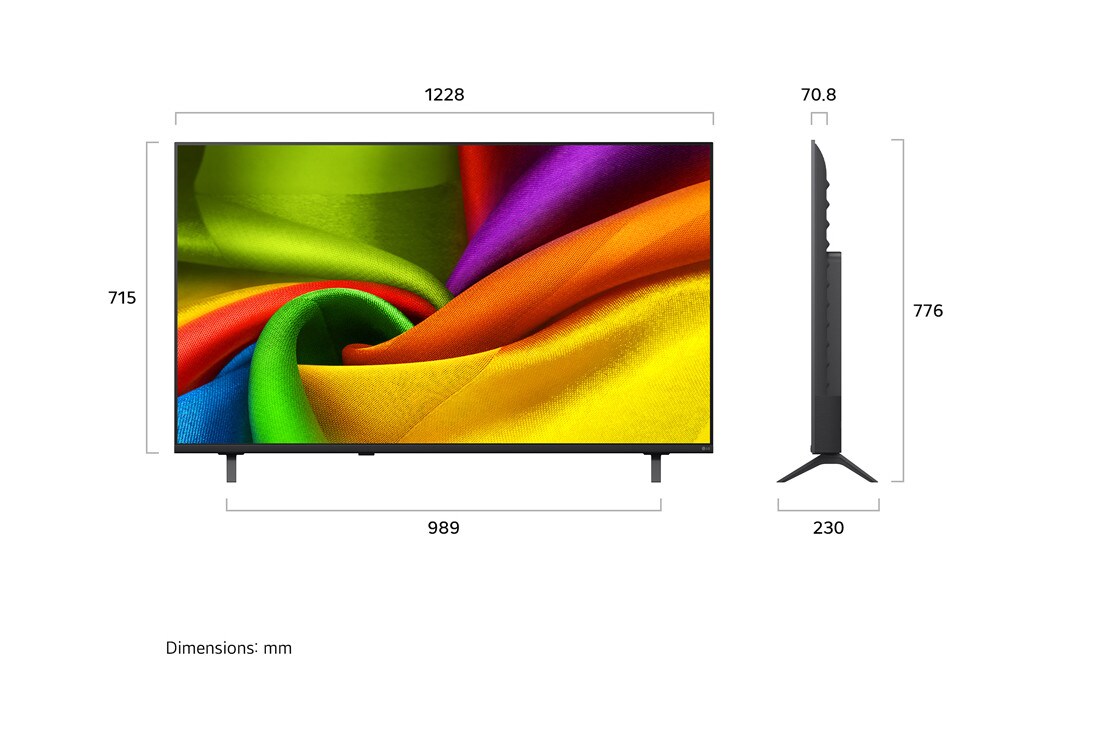 LG 55-инчов LG NANO 4K UHD AI NU85 Smart TV 2026, LG NANO 4K UHD AI NU85, показан отпред и отстрани, се отличава с 55-инчов дисплей с ширина 959 mm, височина 563 mm, височина 618 mm със стойка, дълбочина 70,8 mm и площ на стойката 792 x 200 mm., 55NU850B3LA, thumbnail 2