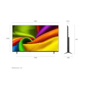 LG 65-инчов LG NANO 4K UHD AI NU85 Smart TV 2026, LG NANO 4K UHD AI NU85, показан отпред и отстрани, се отличава с 65-инчов дисплей с ширина 959 mm, височина 563 mm, височина 618 mm със стойка, дълбочина 70,8 mm и площ на стойката 792 x 200 mm., 65NU850B3LA, thumbnail 2