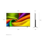 LG 75-инчов LG NANO 4K UHD AI NU85 Smart TV 2026, LG NANO 4K UHD AI NU85, показан отпред и отстрани, се отличава с 75-инчов дисплей с ширина 959 mm, височина 563 mm, височина 618 mm със стойка, дълбочина 70,8 mm и площ на стойката 792 x 200 mm., 75NU850B3LA, thumbnail 2