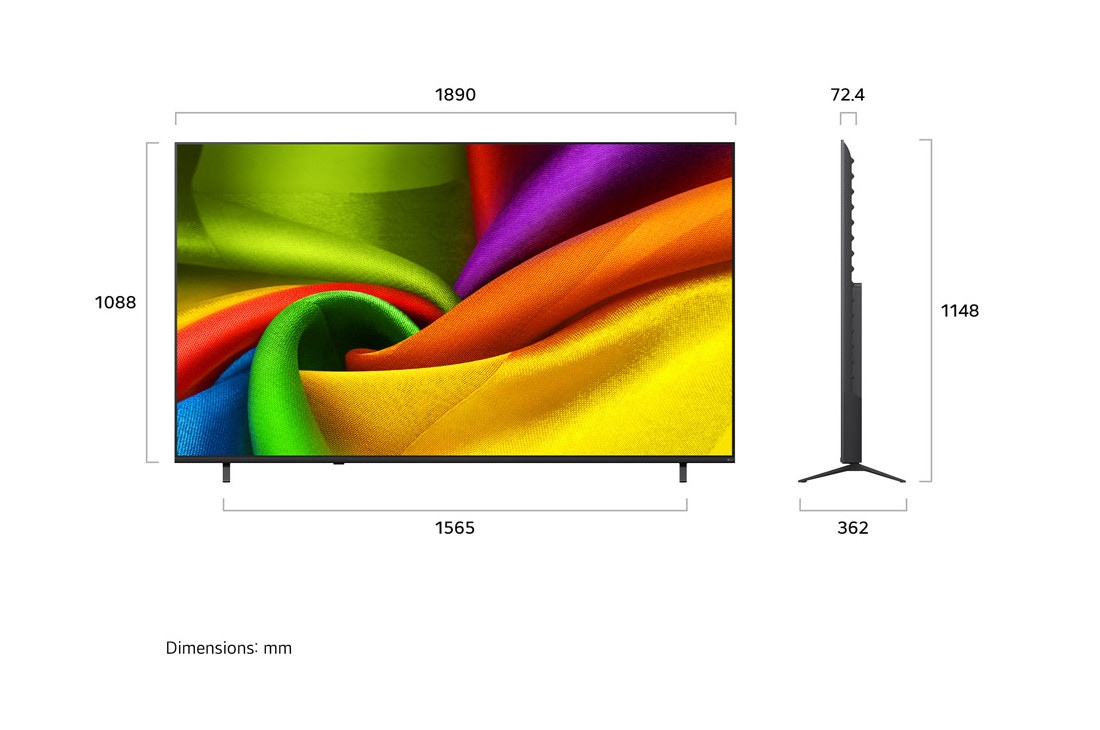 LG 85-инчов LG NANO 4K UHD AI NU85 Smart TV 2026, LG NANO 4K UHD AI NU85, показан отпред и отстрани, се отличава с 85-инчов дисплей с ширина 959 mm, височина 563 mm, височина 618 mm със стойка, дълбочина 70,8 mm и площ на стойката 792 x 200 mm., 85NU850B3LA, thumbnail 2