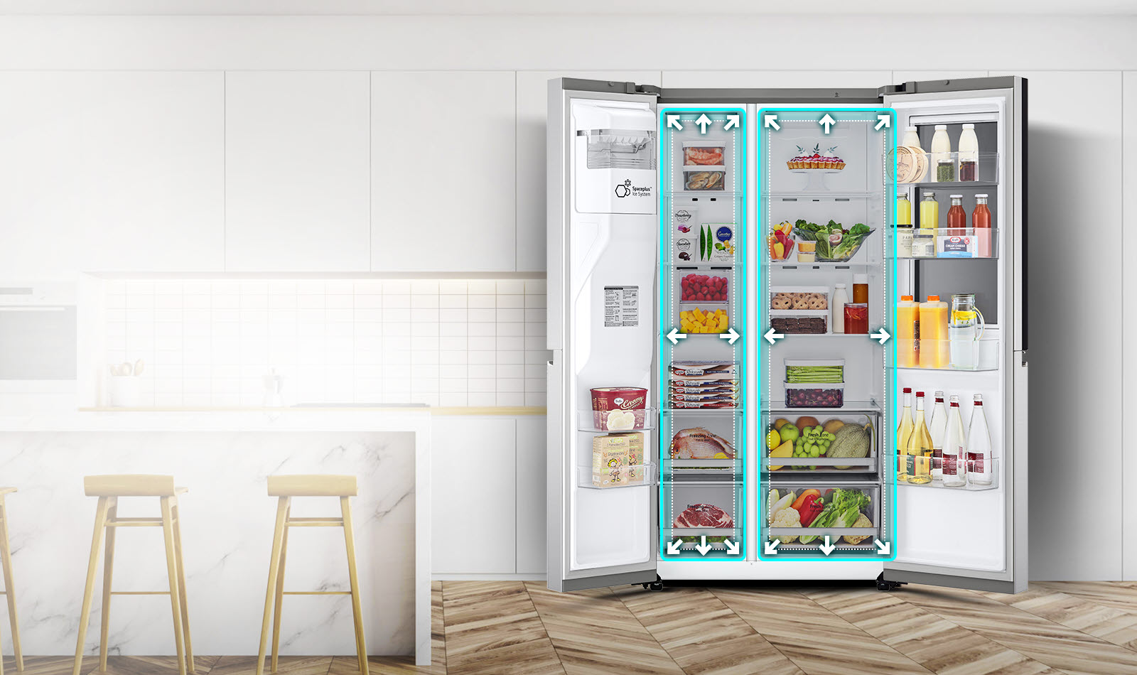 Видеозаписът започва с изглед отпред на хладилника с широко отворени и двете врати. Вътрешните пространства са очертани с неонови линии и стрелките започват да избутват линиите навън, за да покажат, че вече има повече пространство вътре. Неоновият квадрат около вътрешните пространства мига, за да покаже разликата между новото пространство и старото по-малко пространство, което сега е очертано с пунктирана бяла линия.