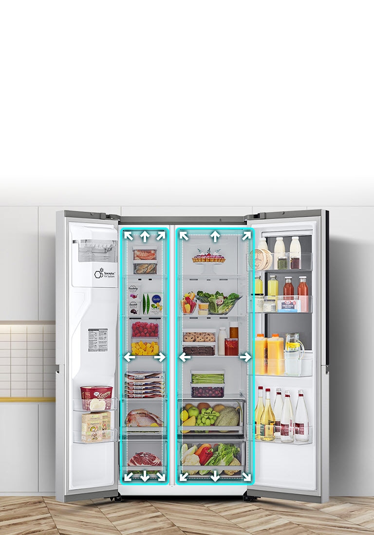 Видеозаписът започва с изглед отпред на хладилника с широко отворени и двете врати. Вътрешните пространства са очертани с неонови линии и стрелките започват да избутват линиите навън, за да покажат, че вече има повече пространство вътре. Неоновият квадрат около вътрешните пространства мига, за да покаже разликата между новото пространство и старото по-малко пространство, което сега е очертано с пунктирана бяла линия.