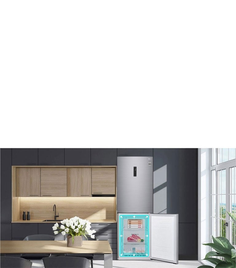 Показан е хладилник, който се смесва с рафтовете в кухнята. Долната половина на хладилника е отворена и пълна с продукти. Неонен квадрат със стрелки е показан около ръба на пространството на хладилника, за да покаже, че има повече място вътре.