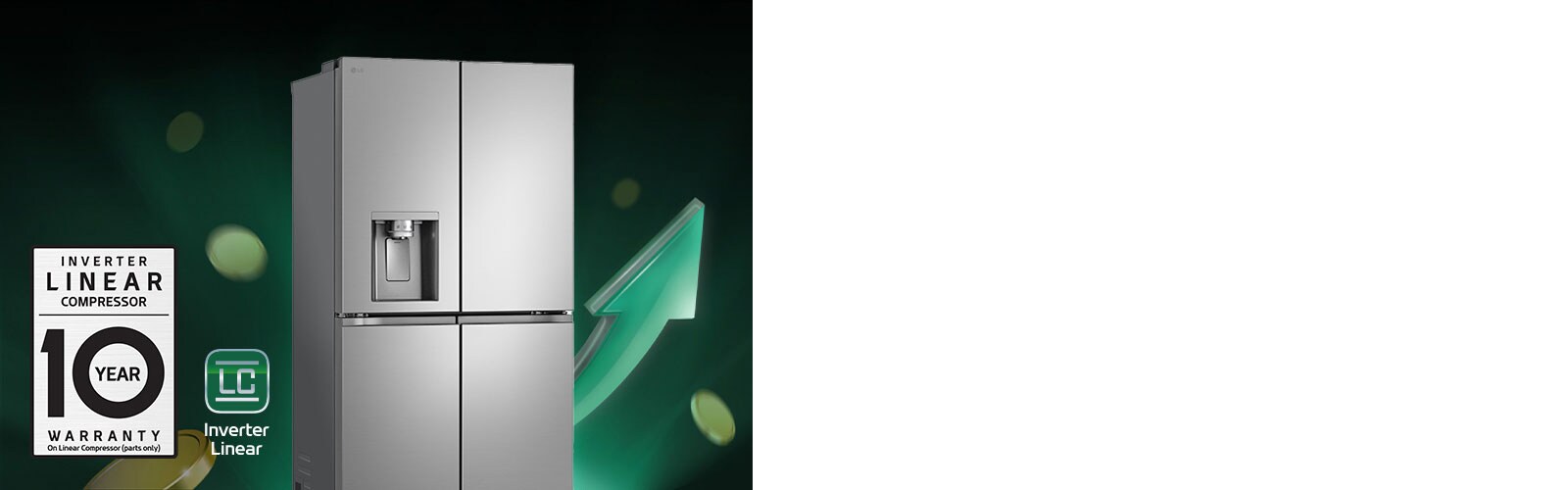 Хладилник пред издигащи се стрелки и монети на купчини