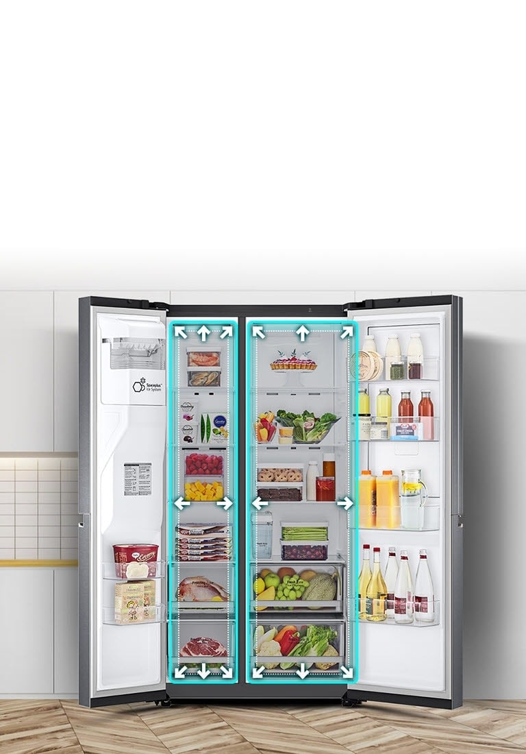 Видеозаписът започва с изглед отпред на хладилника с широко отворени и двете врати. Вътрешните пространства са очертани с неонови линии и стрелките започват да избутват линиите навън, за да покажат, че вече има повече пространство вътре. Неоновият квадрат около вътрешните пространства мига, за да покаже разликата между новото пространство и старото по-малко пространство, което сега е очертано с пунктирана бяла линия.