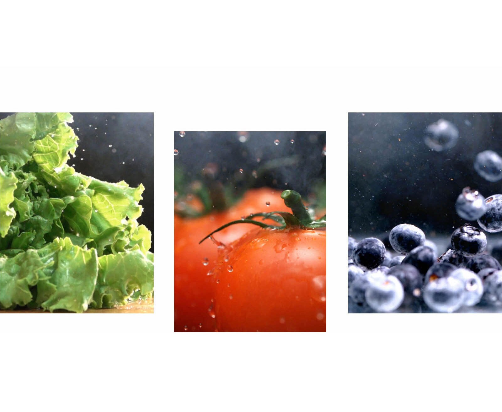 Видео в близък план на вода, капеща от хрупкави зелени марули, е до видео отблизо на вода, падаща върху пресни червени домати, е до видео на ярки мокри боровинки, които се движат наоколо.