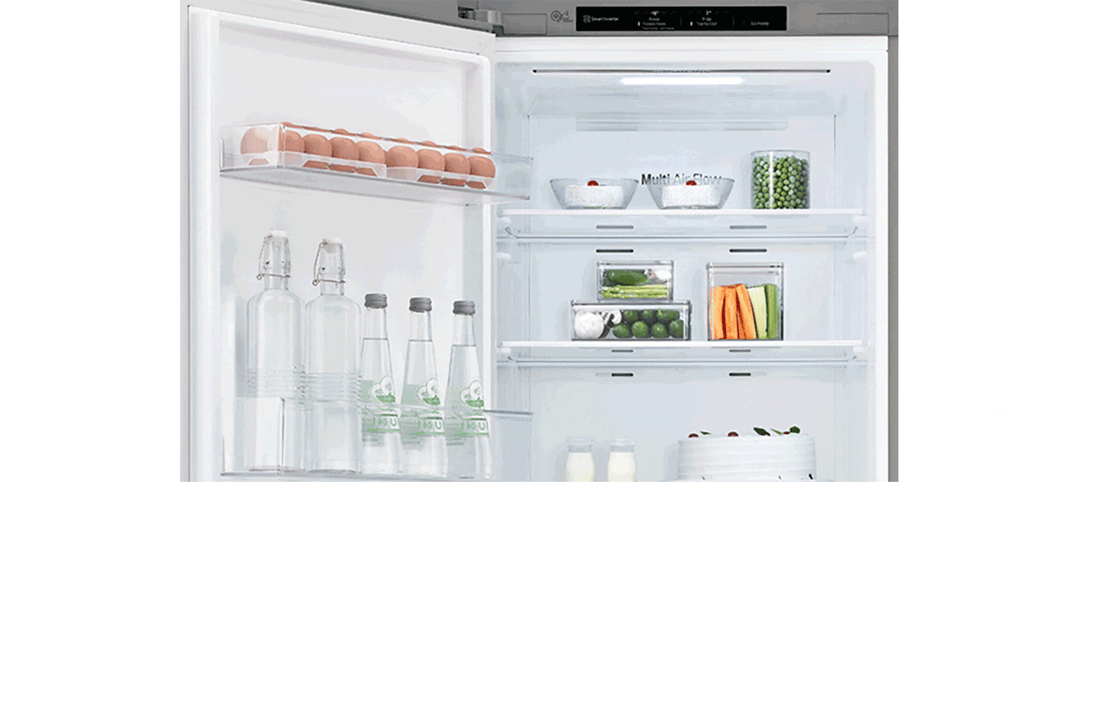 Хладилникът е показан с отворена вратата отляво, вместо по-често срещаната дясна, за да се покаже, че може да се персонализира.