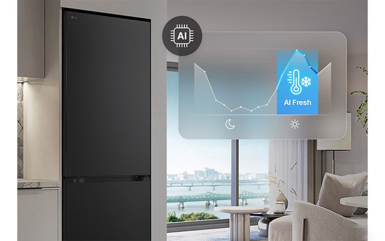 LG хладилник с долна камера до светлосиви шкафове в дневната с изглед към реката, покрит с графика и икона AI сежест
