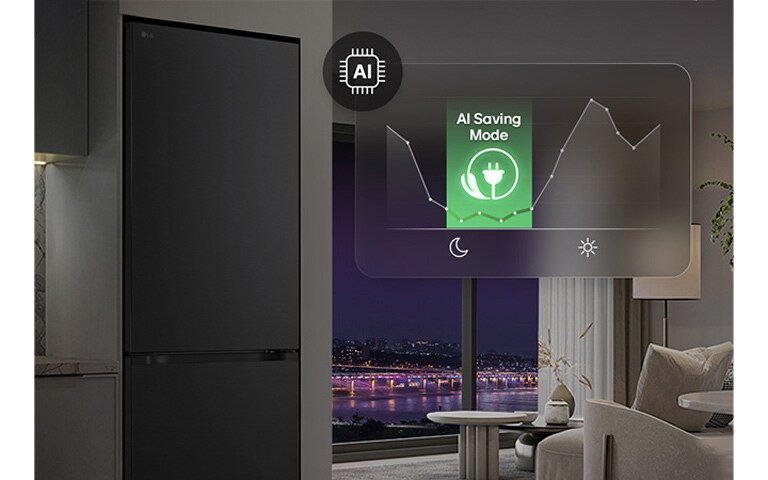 LG фризер в долната част на жилищното пространство с нощен изглед на града, насложен с графика на AI режим на пестене и променяща се енергийна диаграма.