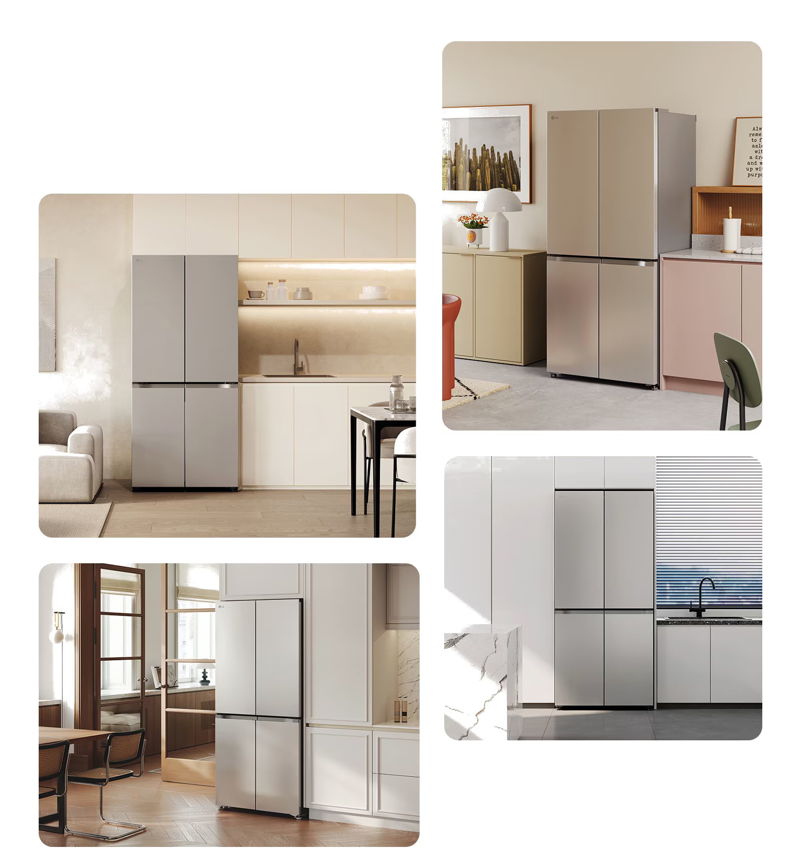 Различни изгледи на външния вид на Multi Door хладилник на LG, който се вписва безпроблемно в различни кухненски интериори.