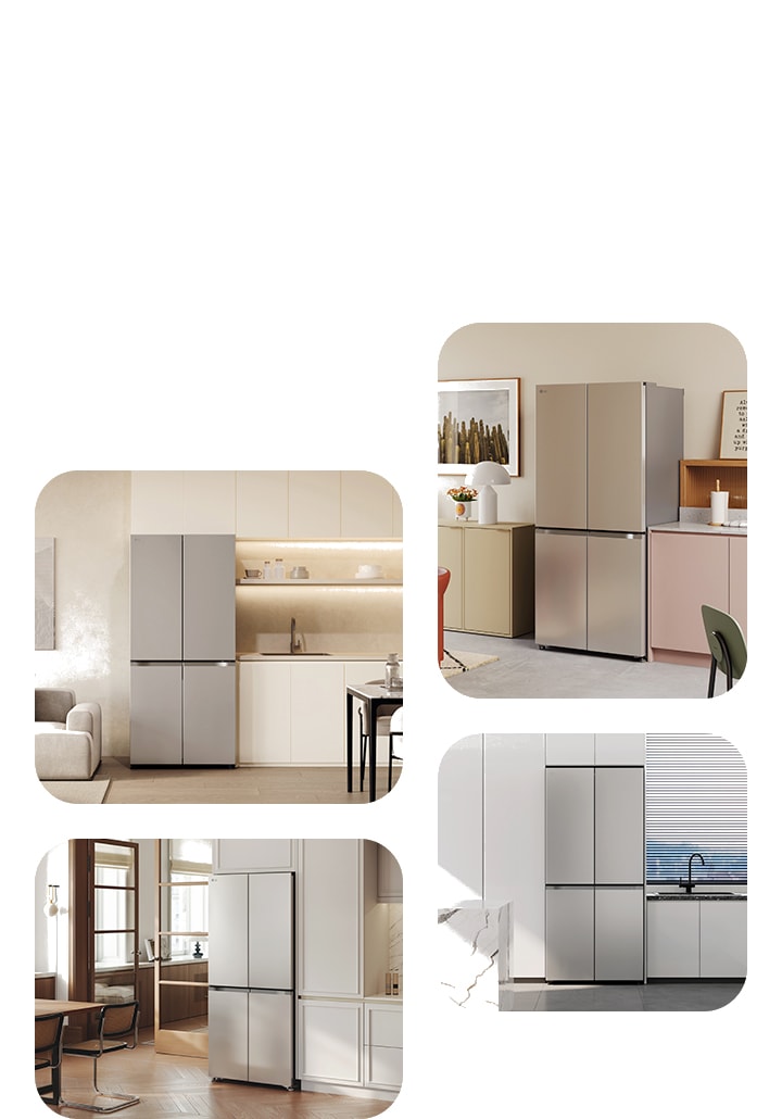 Различни изгледи на външния вид на Multi Door хладилник на LG, който се вписва безпроблемно в различни кухненски интериори.