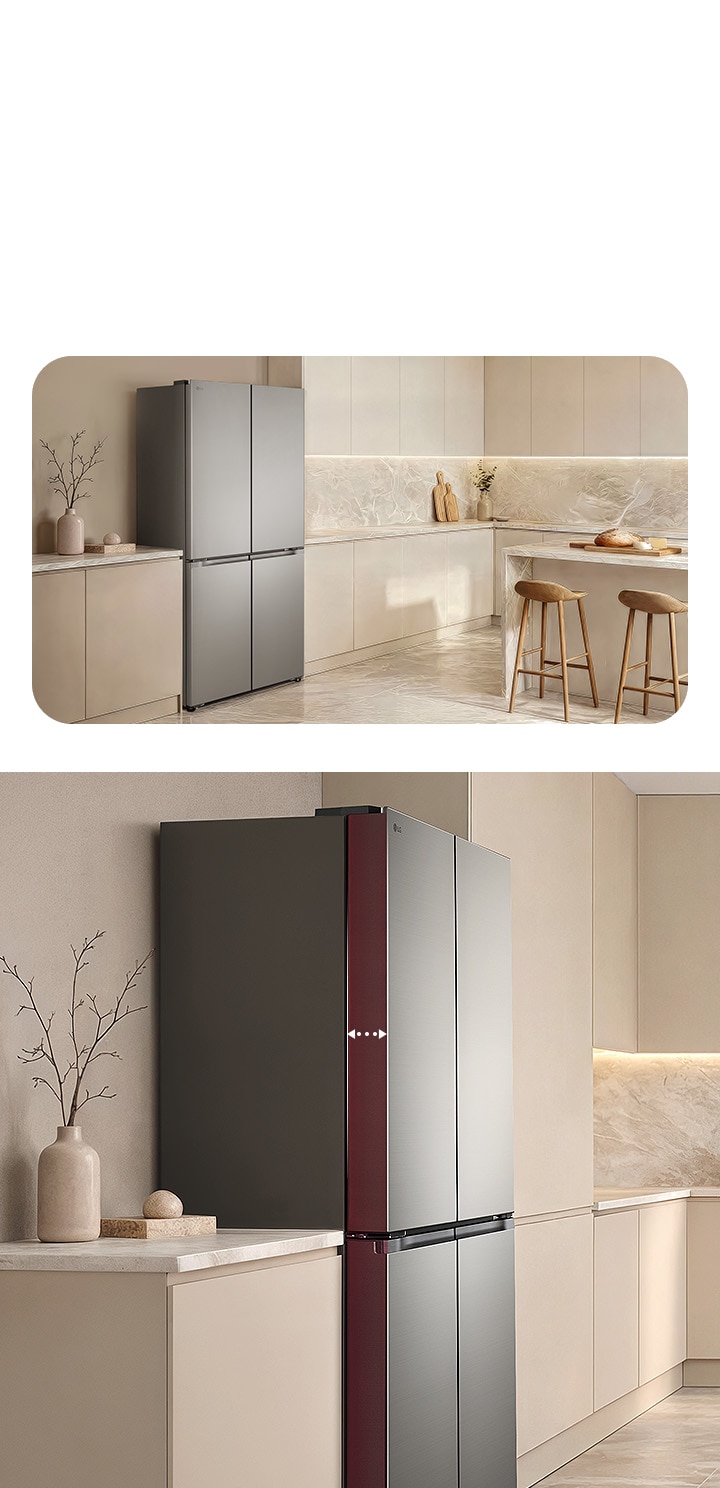 Различни изгледи на външния вид на Multi Door хладилник на LG, който се вписва безпроблемно в различни кухненски интериори.