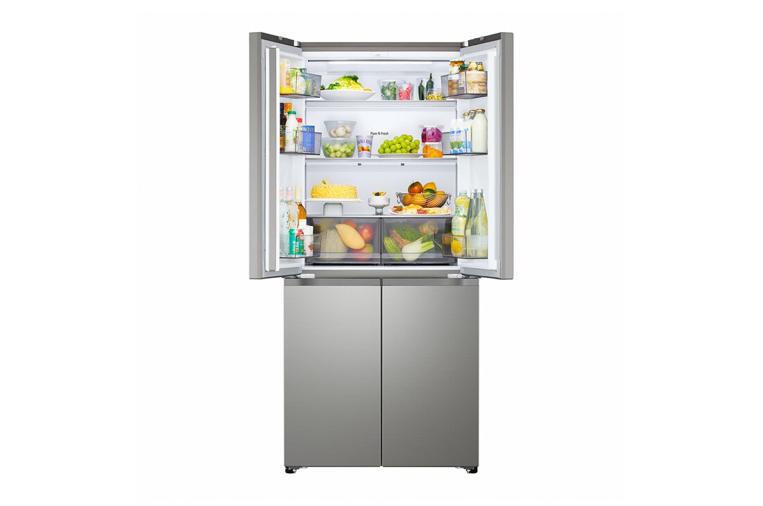 LG Multi-Door хладилник, DoorCooling+™ и ThinQ™ технология, 580L капацитет, Хладилник LG - отворена предна част с поставени храни, GMBS30SEPY, thumbnail 7