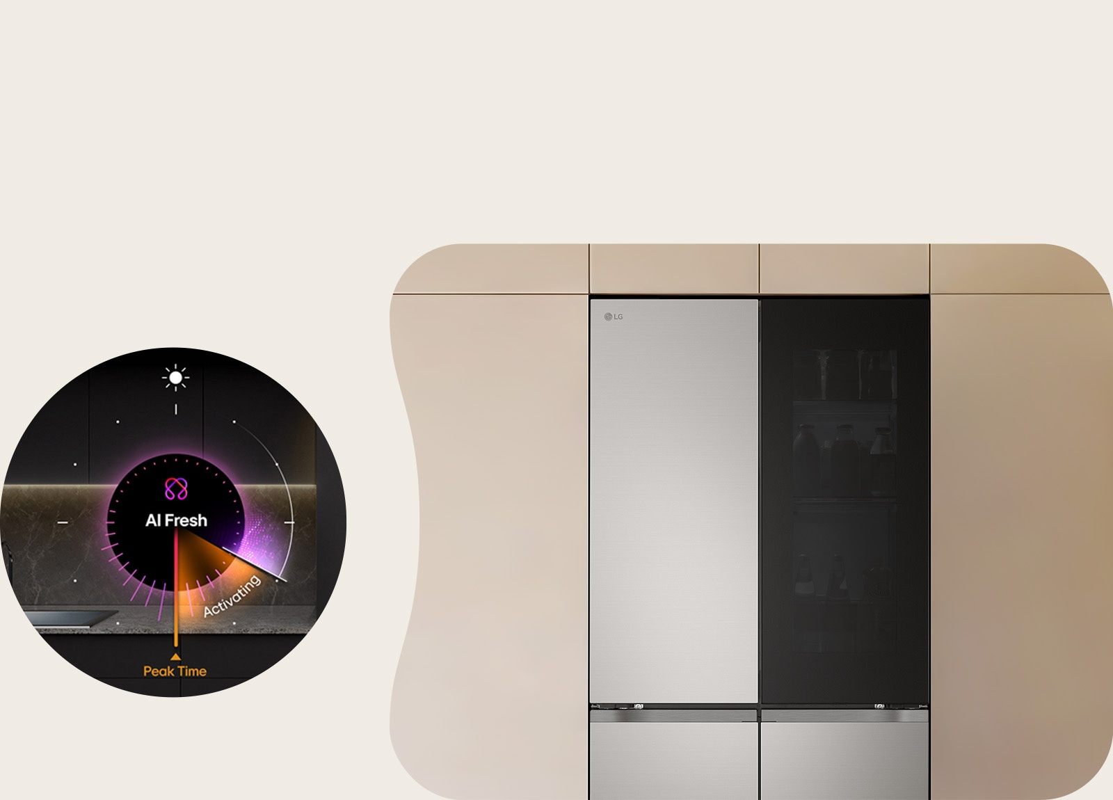 Изглед отпред на LG Multi Door хладилник, до AI Fresh, показващ адаптивно охлаждане въз основа на моделите на употреба.
