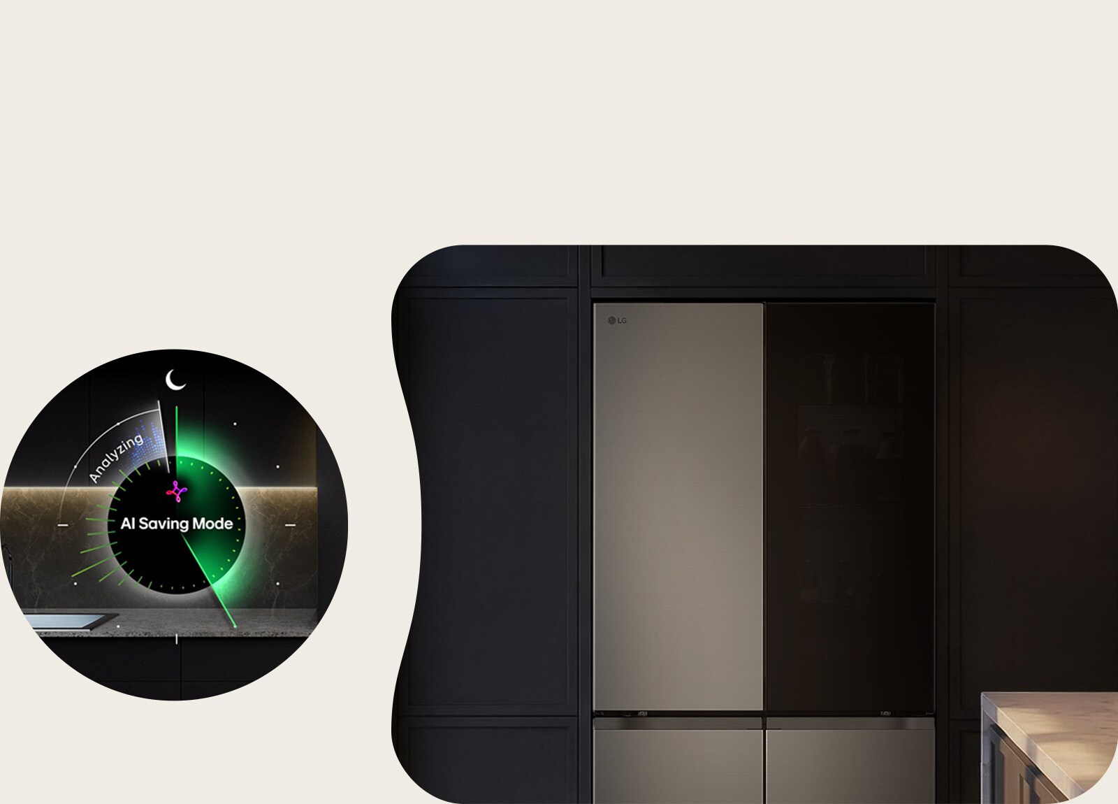 Изглед отпред на Multi Door хладилник на LG с режима „AI Saving Mode“, показващ функцията за икономия на енергия.