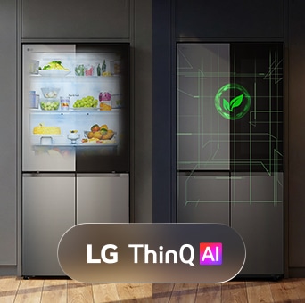 Изглед отпред на Multi Door хладилник на LG с логото на AI ThinQ, изобразен на външната страна.