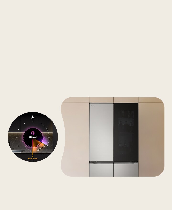 Изглед отпред на LG Multi Door хладилник, до AI Fresh, показващ адаптивно охлаждане въз основа на моделите на употреба.